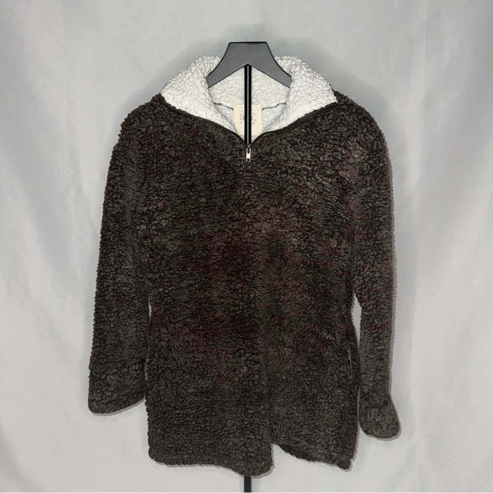 Fantastic Fawn Sherpa Pullover Jacket Brown & Beige Colorblock – Size Small GUC